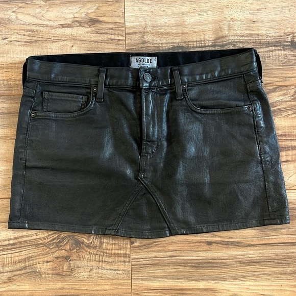 Agolde Jeanette Mini Denim Skirt Size 28 in Coated Black - Picture 2 of 10